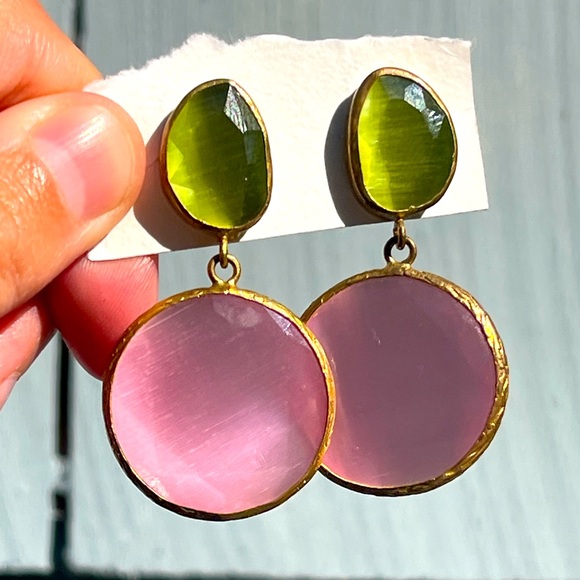Pink and green stone Gold Drop dangle Earrings artisan vintage - Picture 1 of 11